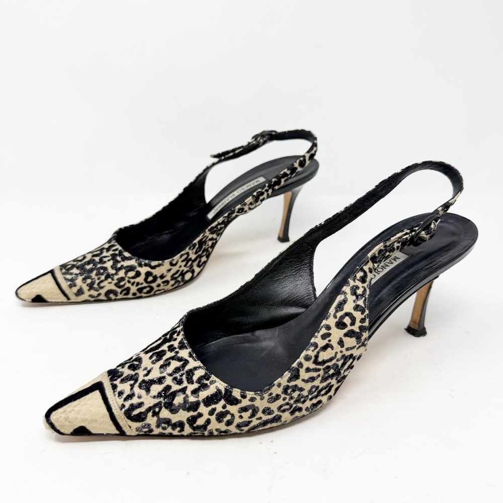 Manolo Blahnik Leopard Slingback Heels Pointed Toe Womens Size EU 40